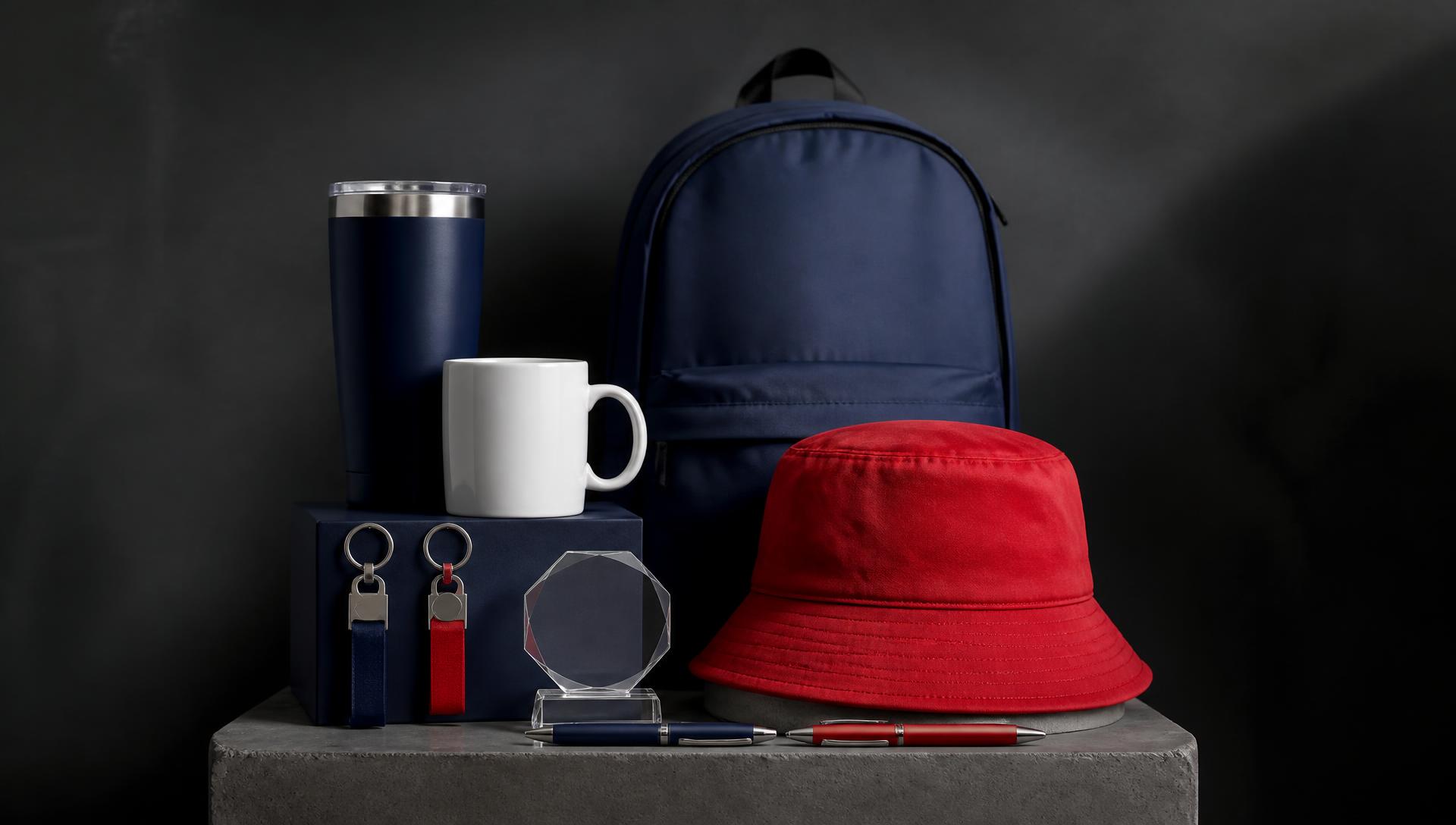 Assortment of custom promotional products staged in studio light