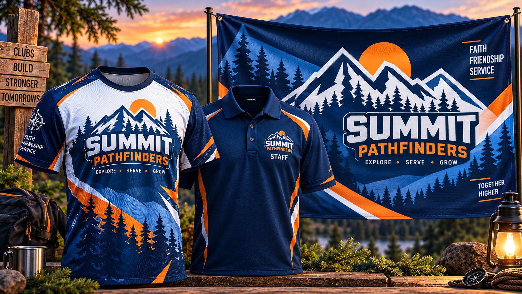 Fictional Summit Pathfinders sample merchandise concept showing a coordinated sublimated club shirt, staff polo and matching club banner